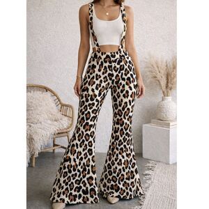 Leopard Print Flare Pants High Rise Wide Leg Suspender S